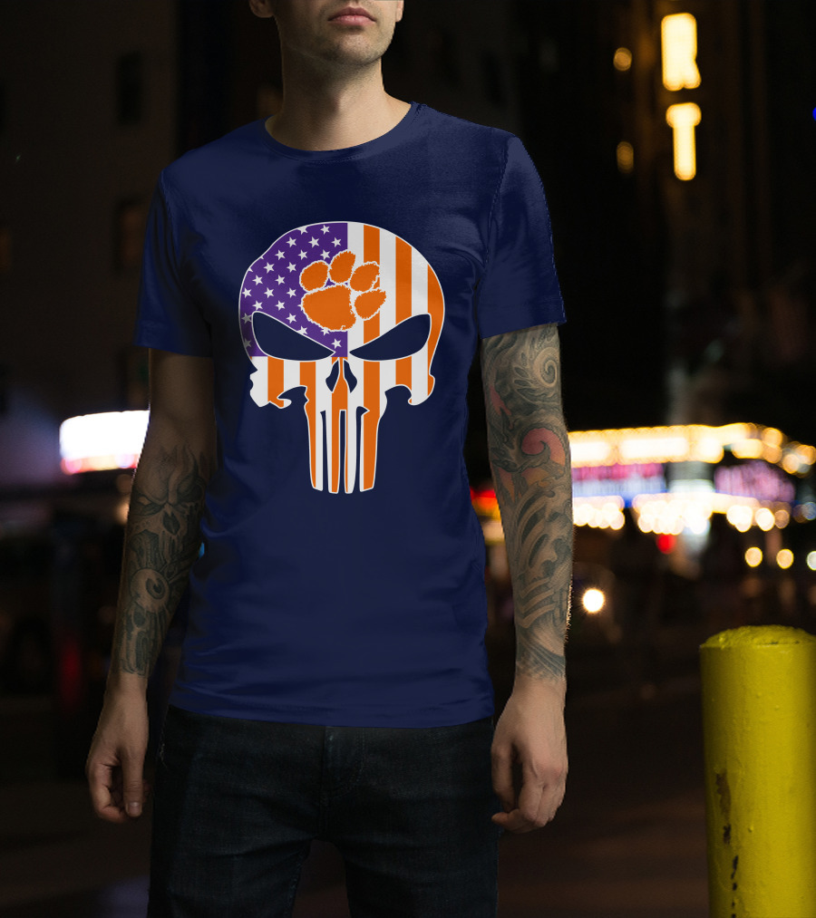 Clemson Tigers The Punisher American Flag Skull Paw T-Shirt