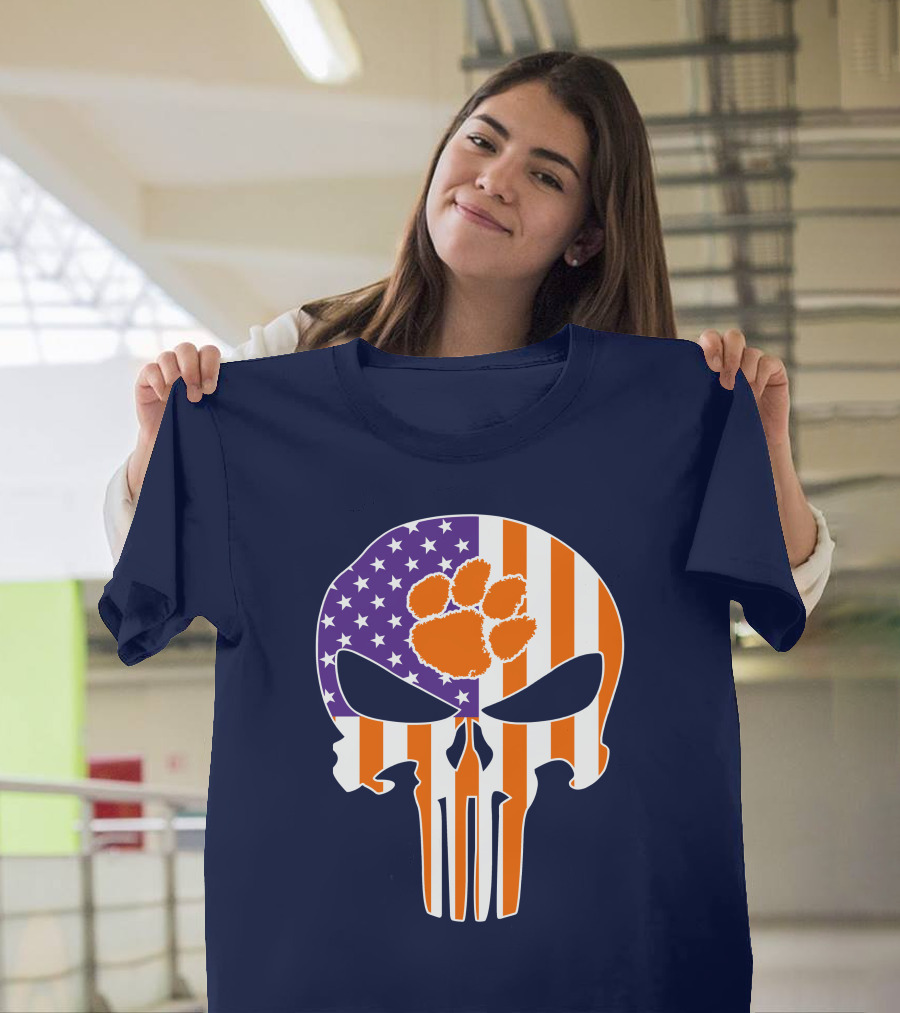 Clemson Tigers The Punisher American Flag Skull Paw T-Shirt