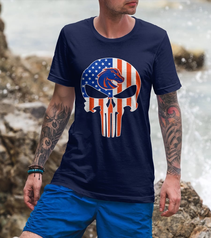 Boise State Broncos The Punisher American Flag Skull T-Shirt