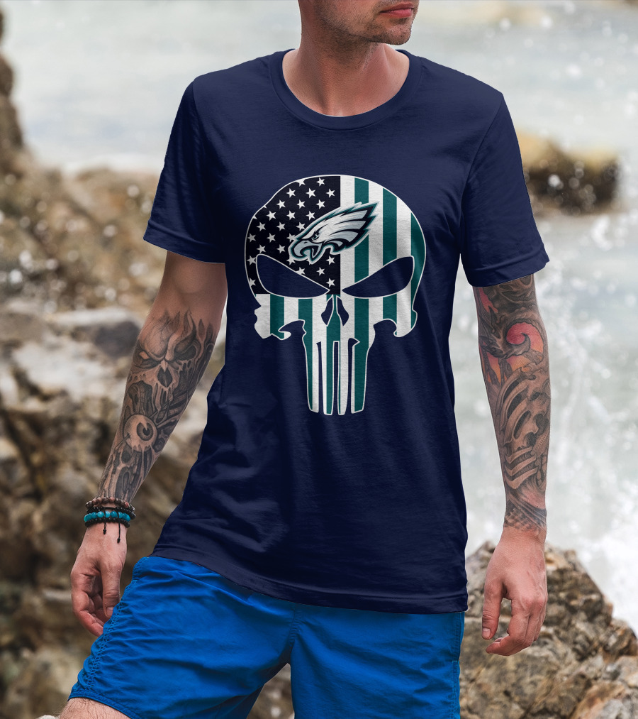 Philadelphia Eagles Punisher Skull American Flag T-Shirt