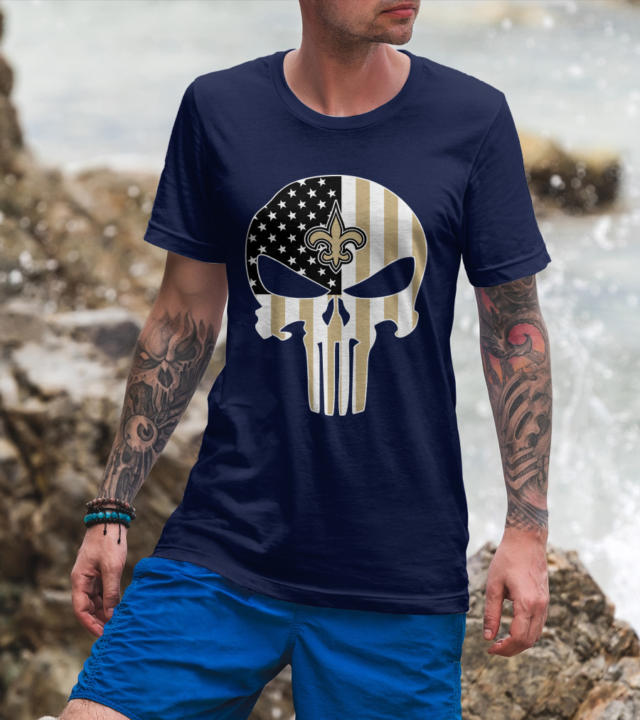 New Orleans Saints The Punisher American Flag Skull Fleur-De-Lis T-Shirt