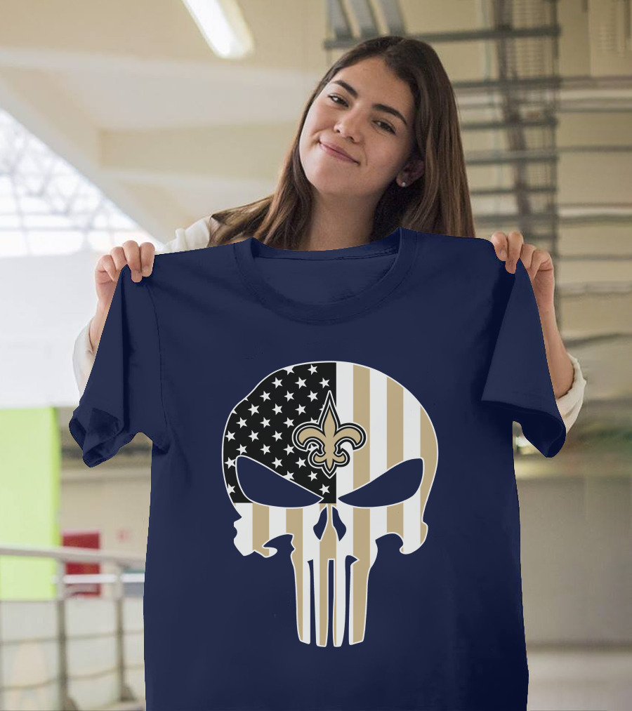 New Orleans Saints The Punisher American Flag Skull Fleur-De-Lis T-Shirt