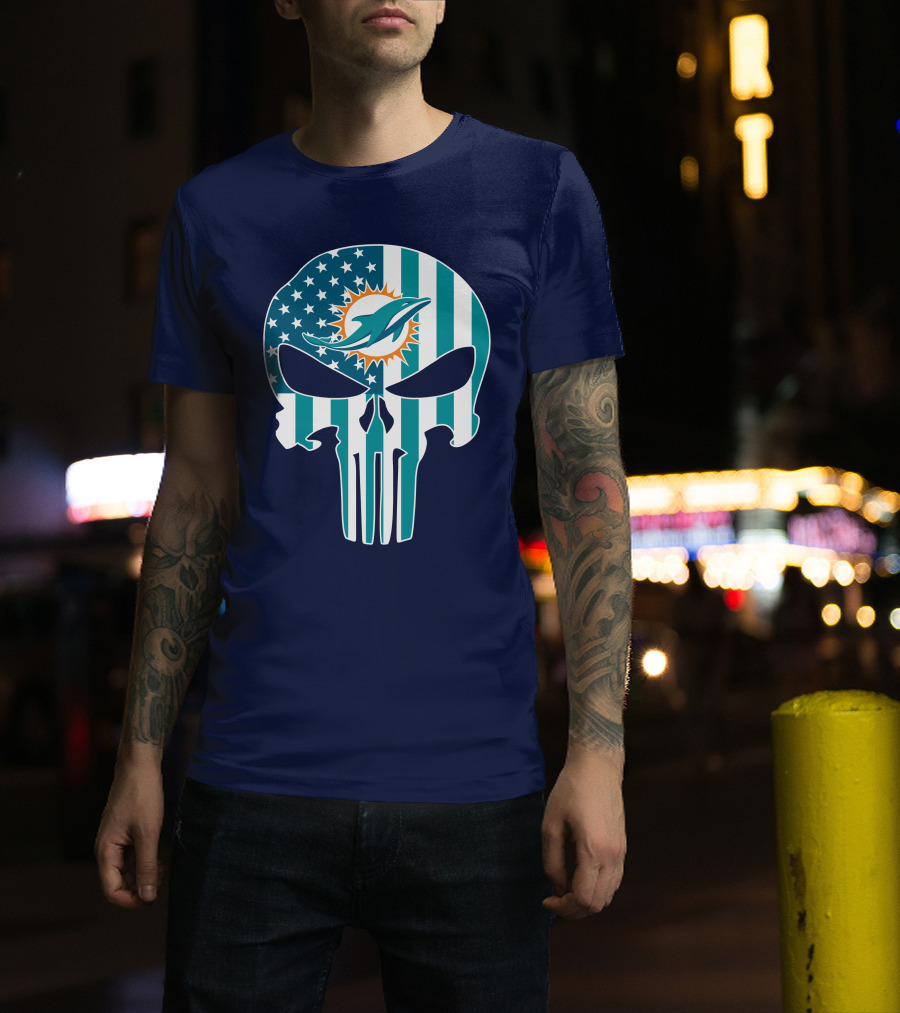 Miami Dolphins The Punisher American Flag Skulls T-Shirt