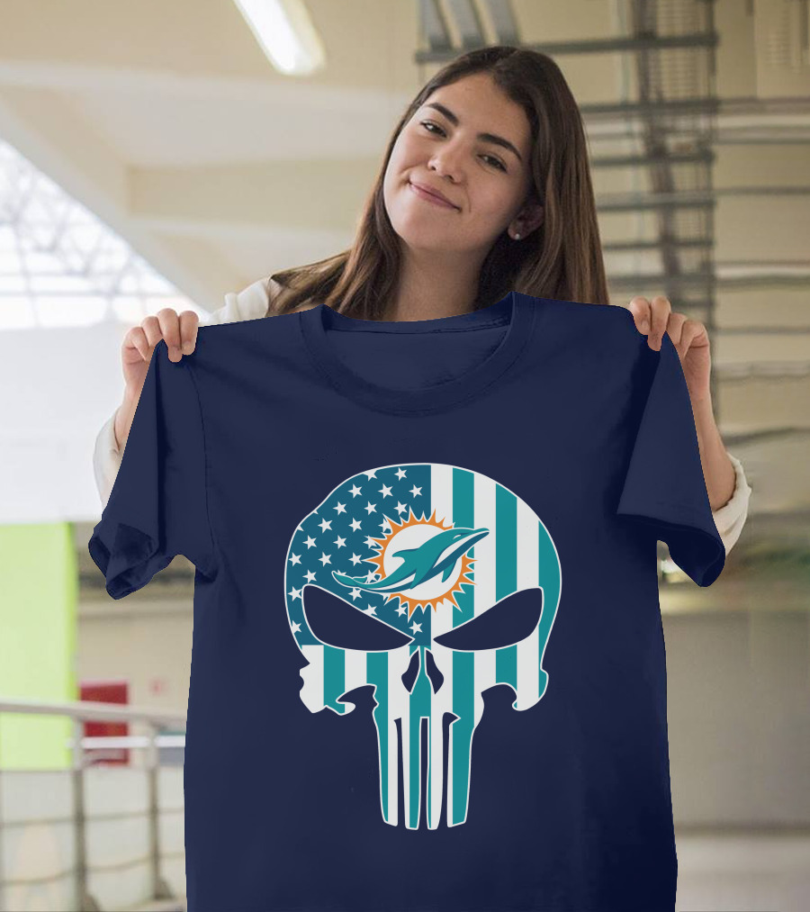 Miami Dolphins The Punisher American Flag Skulls T-Shirt