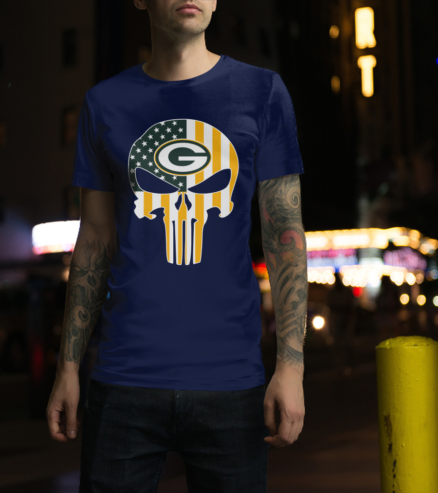 Green Bay Packers The Punisher American Flag Skull T-Shirt