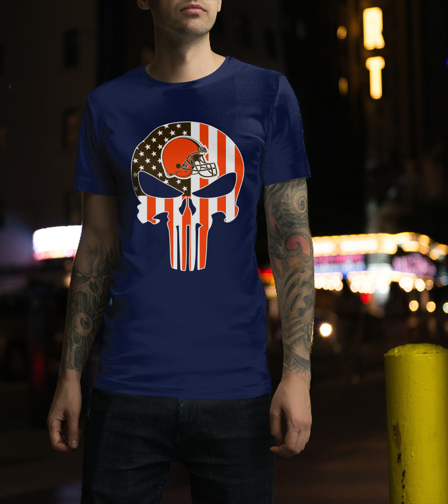 Cleveland Browns The Punisher American Flag Helmet Skull T-Shirt