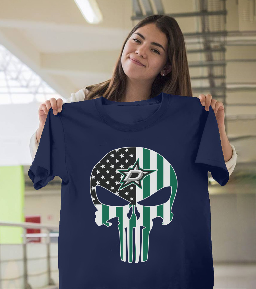 Dallas Stars Punisher Skull American Flag Stripe T-Shirt