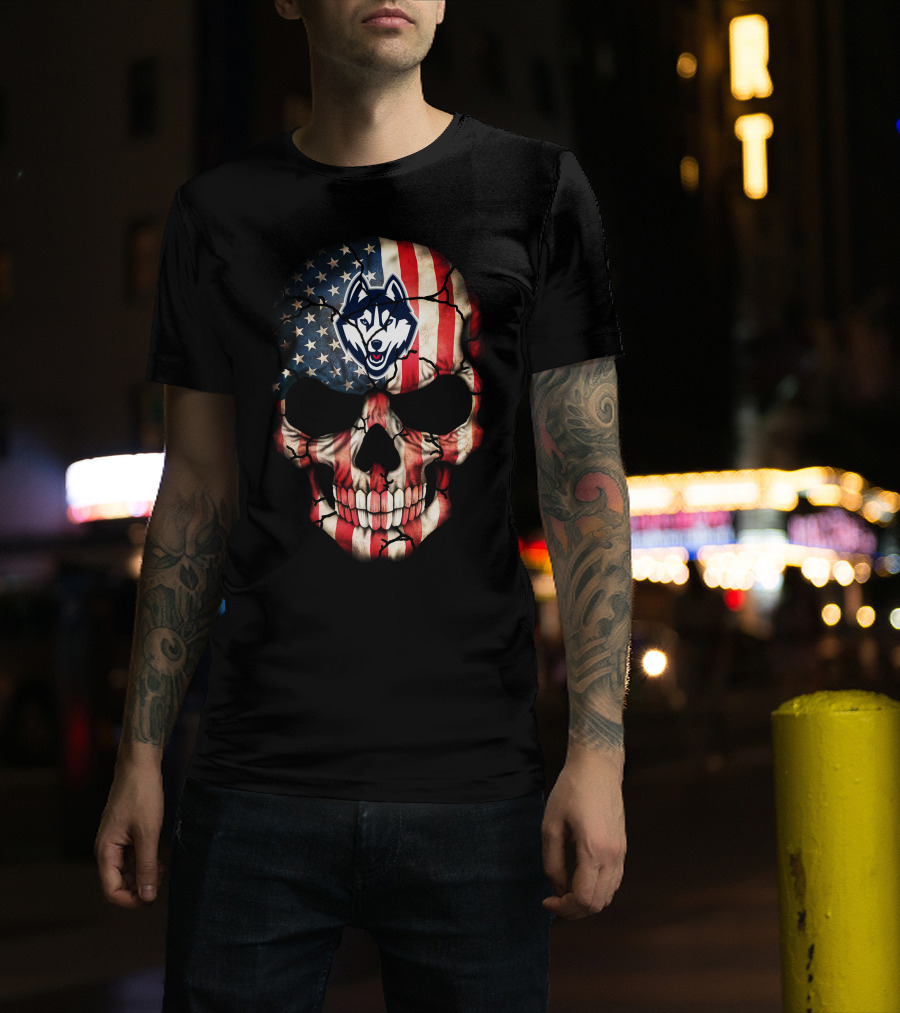 Uconn Huskies American Flag Skull T-Shirt