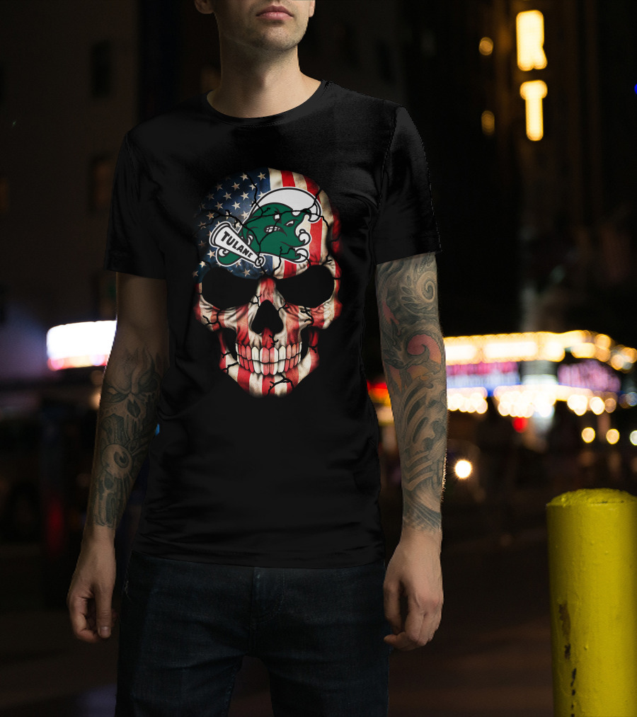Patriotic Skull With Tulane Green Wave Logo On American Flag Style T-Shirt