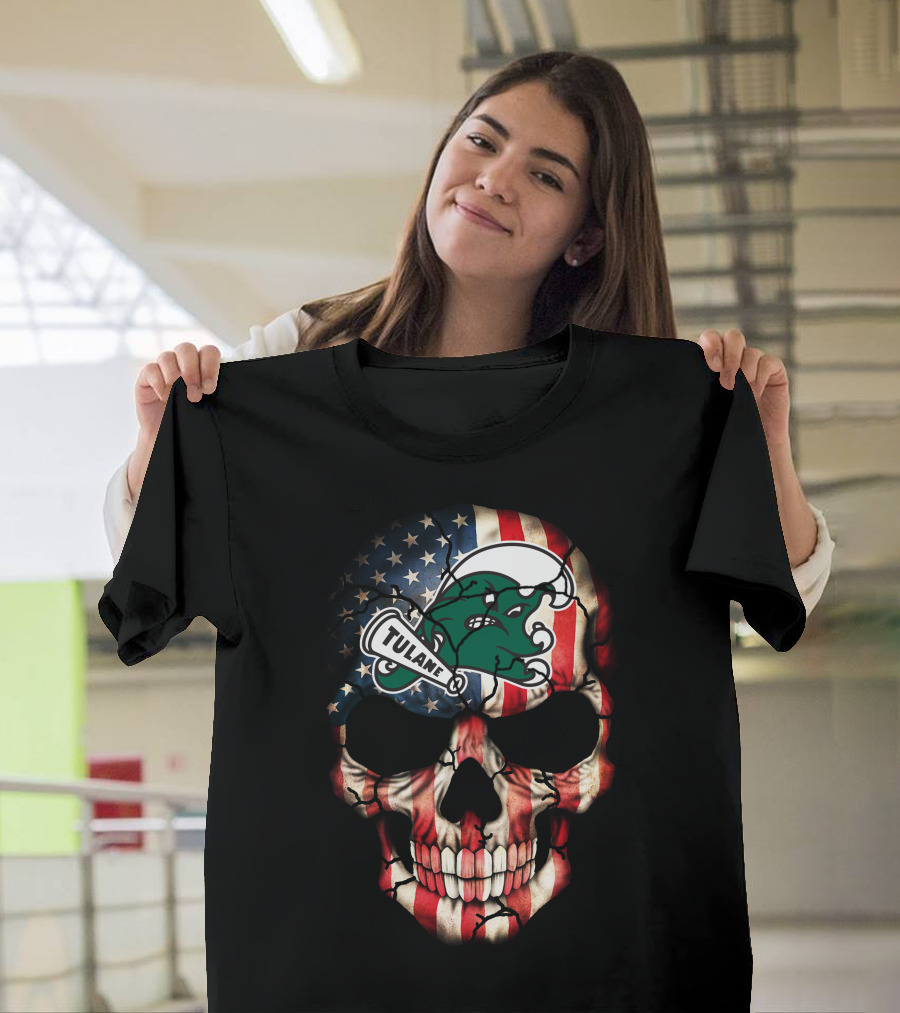 Patriotic Skull With Tulane Green Wave Logo On American Flag Style T-Shirt