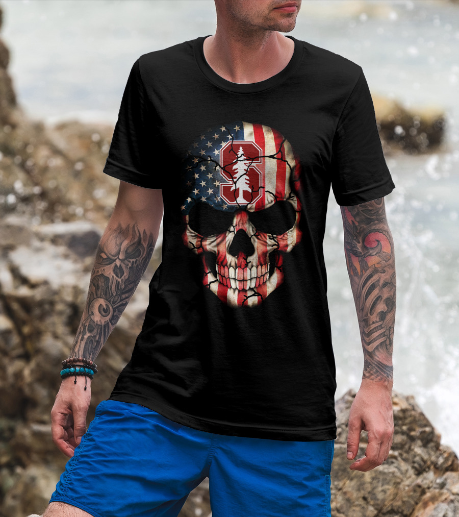 Stanford Cardinal Skull American Flag T-Shirt