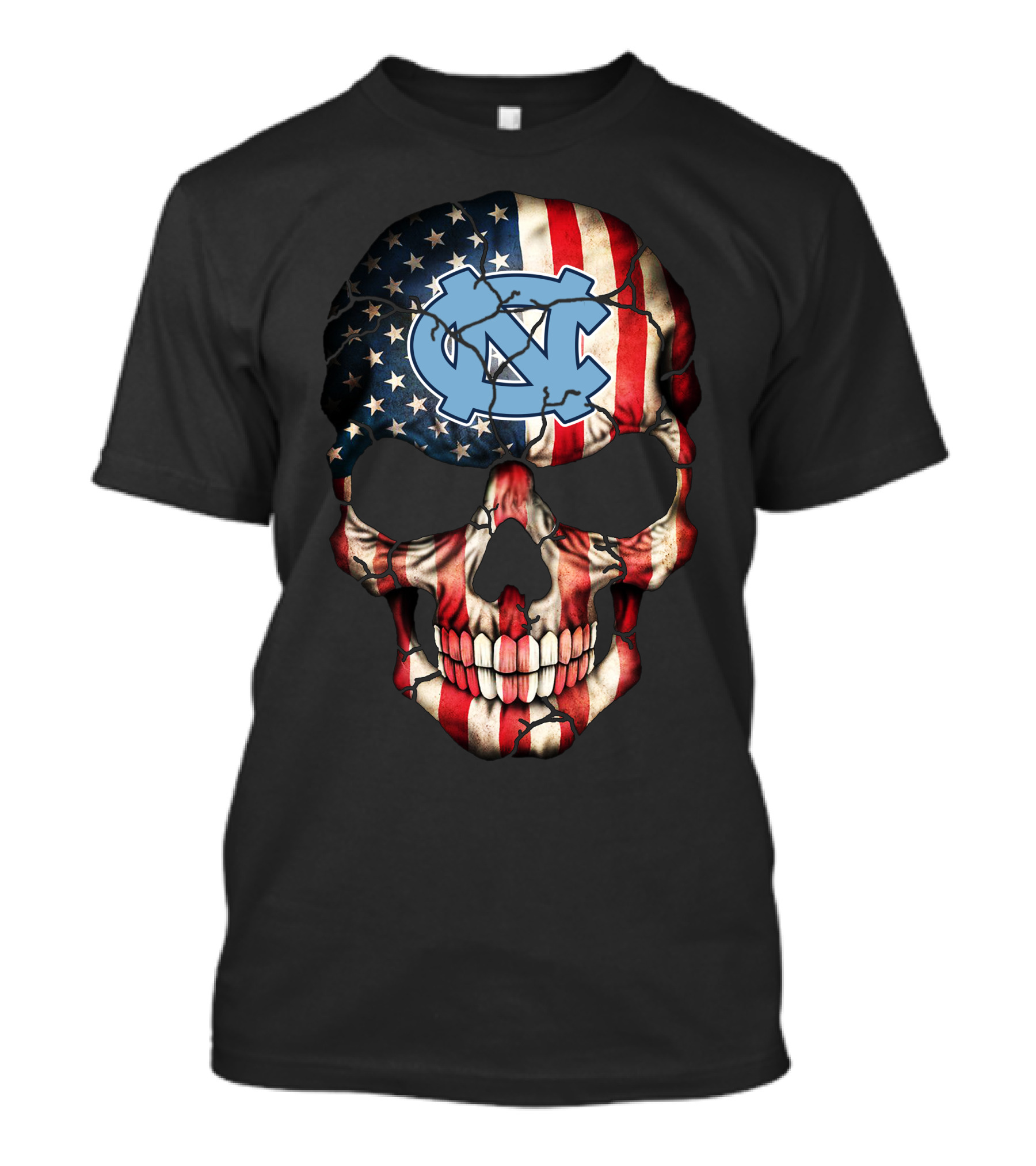 North Carolina Tar Heels American Flag Skull T-Shirt