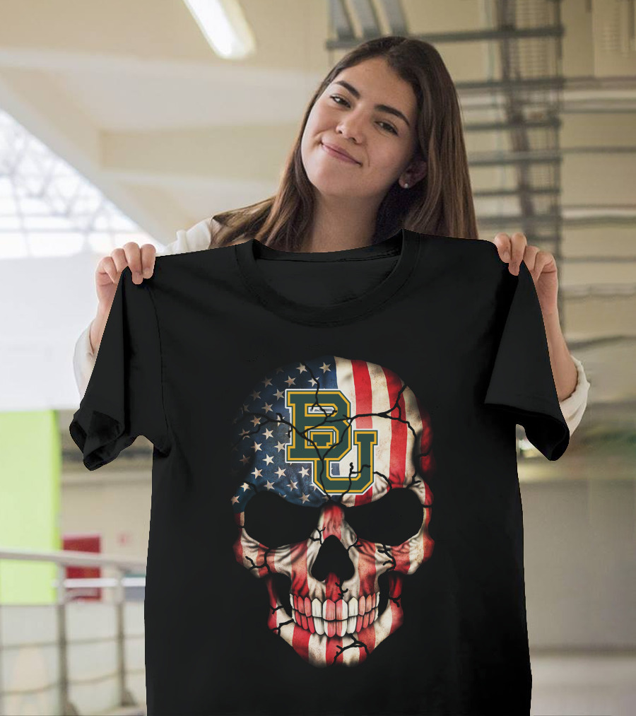 Baylor Bears Patriotic Skull With American Flag T-Shirt
