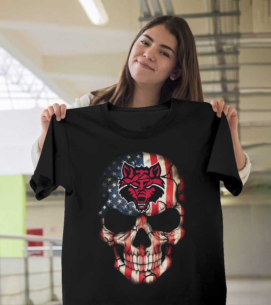 Arkansas State Red Wolves American Flag Skull T-Shirt