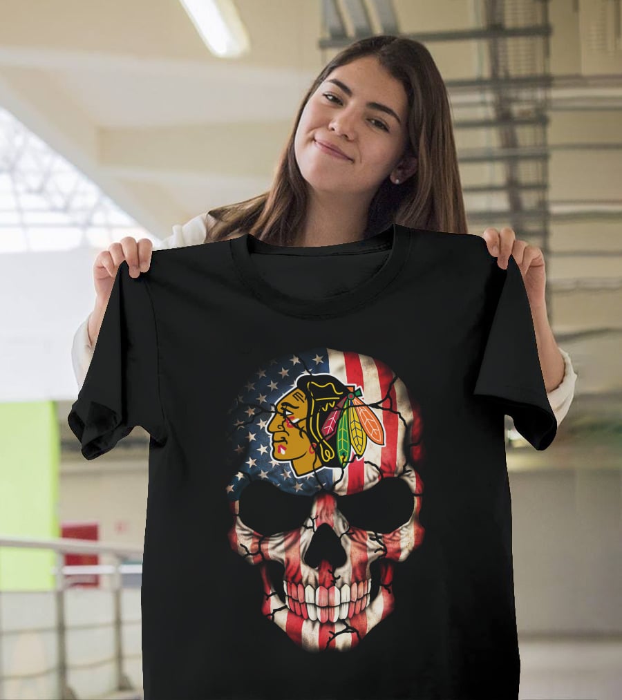 Chicago Blackhawks American Flag Skull T-Shirt