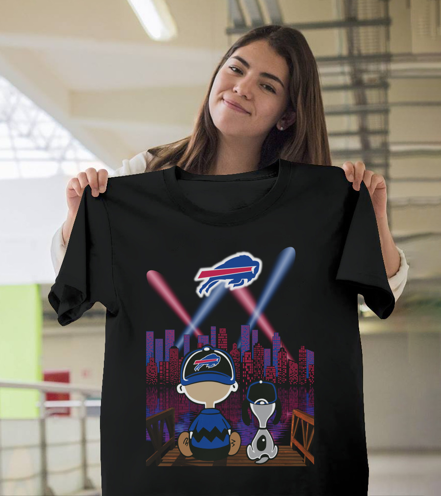 Buffalo Bills Skyline With Snoopy And Charlie Brown On A Pier T-Shirt