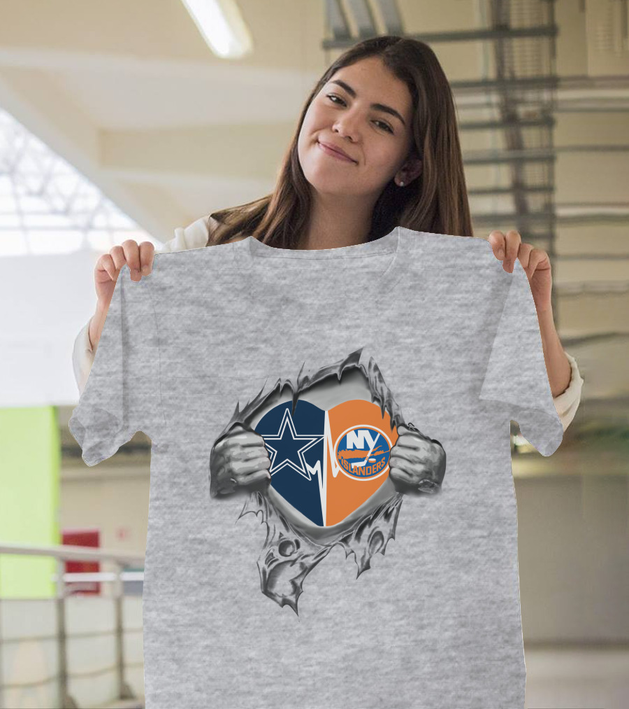 Cowboys New York Islanders Heart Symbol With Star And Hockey Logos T-Shirt