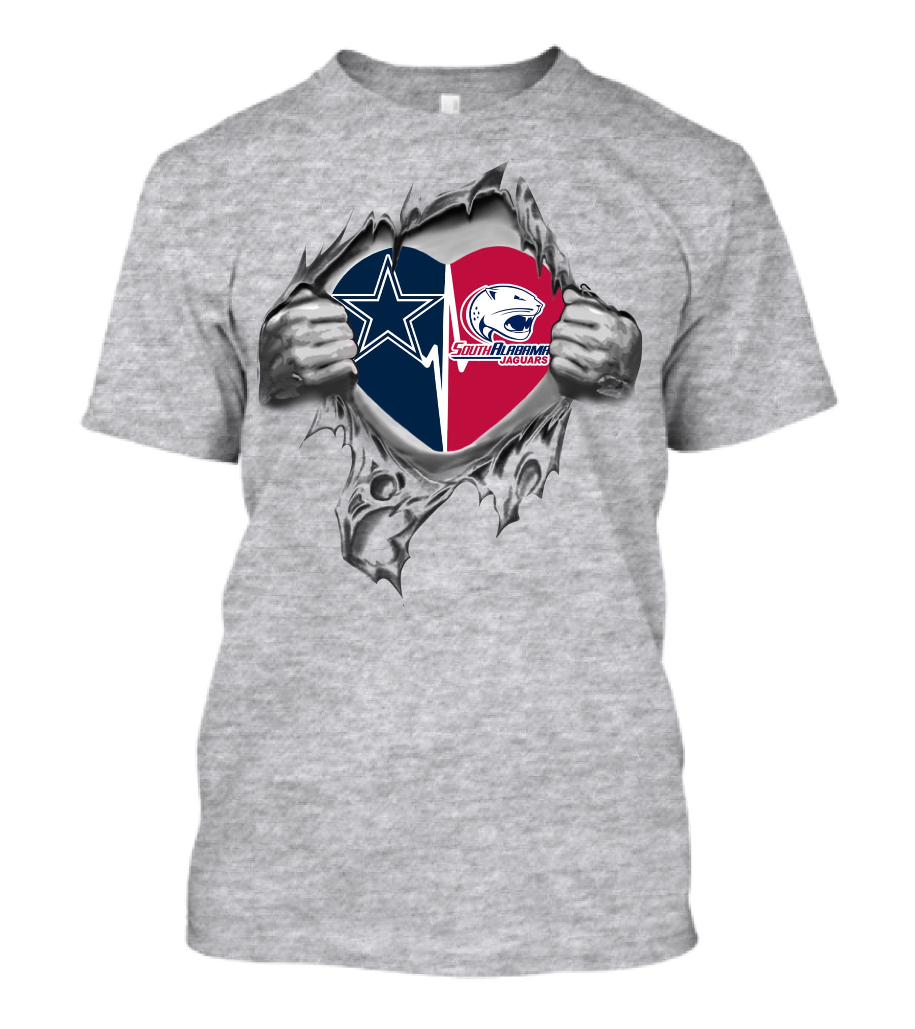 Cowboys South Alabama Jaguars Heart Design Featuring Stars And Jaguar Logos T-Shirt