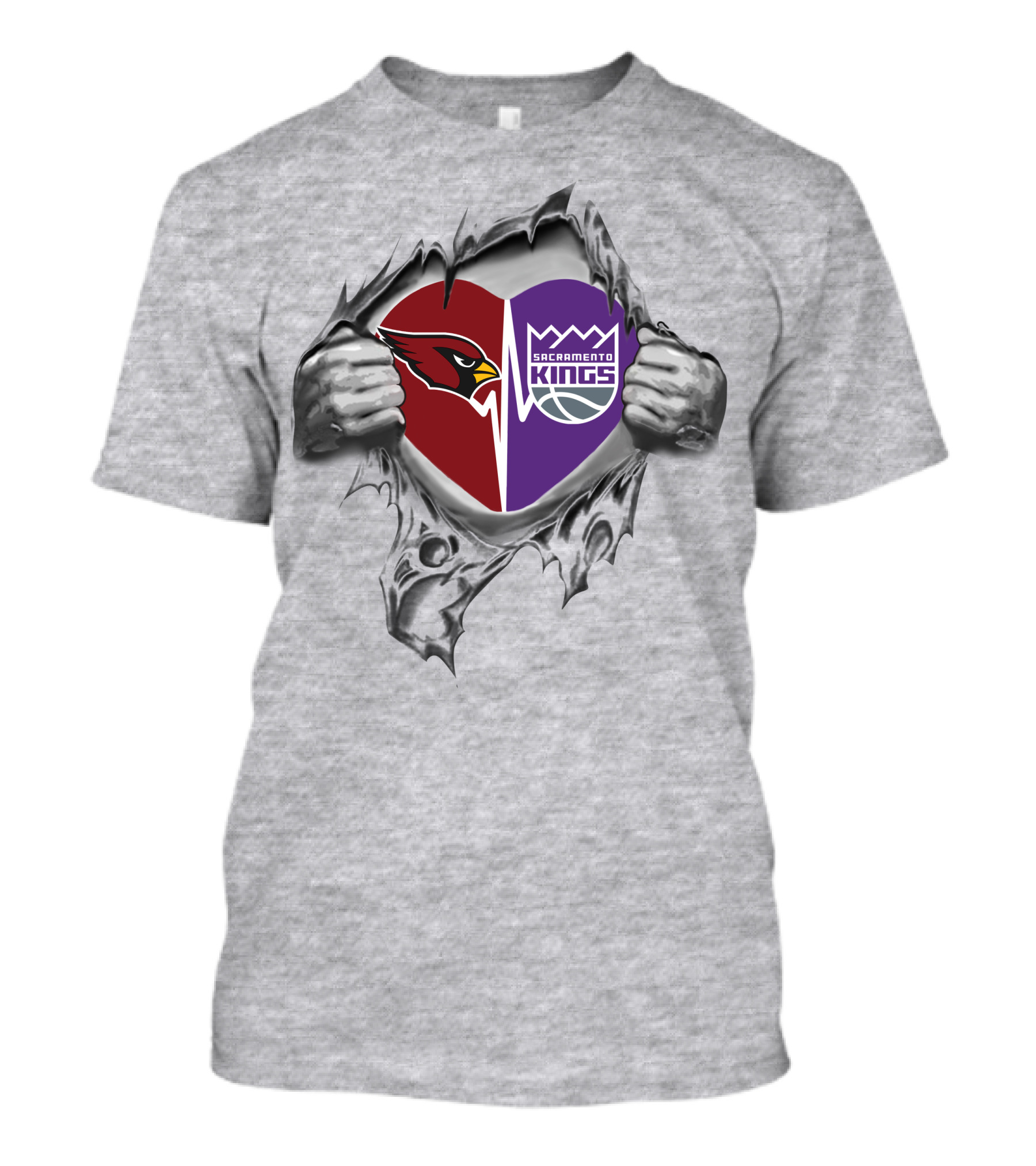 Cardinals Sacramento Kings Heart With Logos Tearing Through Gray T-Shirt