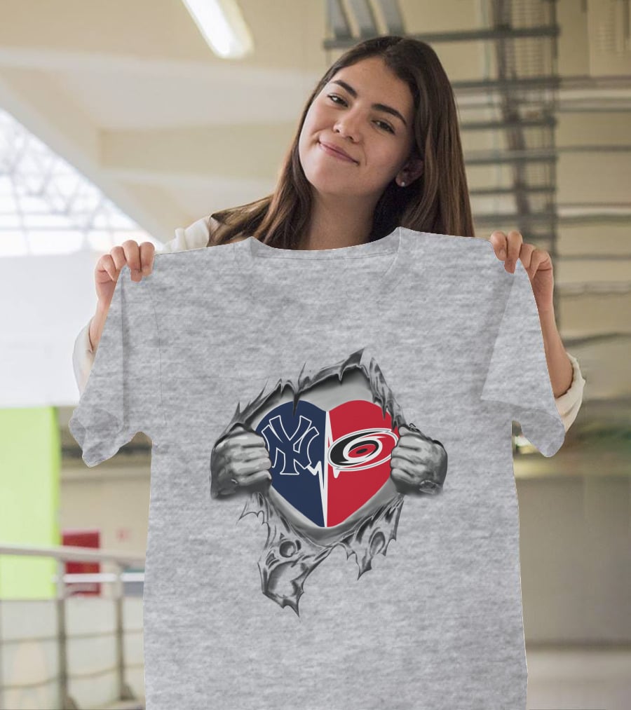 Yankees Carolina Hurricanes Heart Emblem Ripped T-Shirt