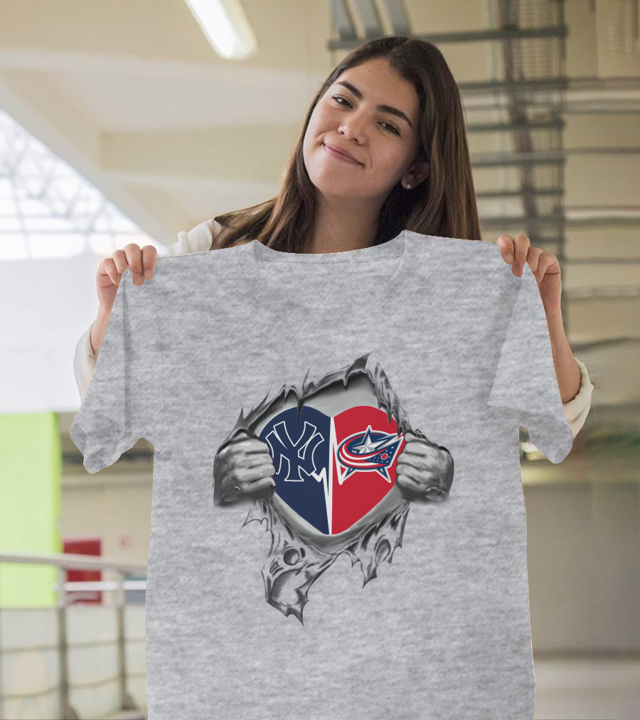 Yankees Columbus Blue Jackets Heart Logo Split With Torn Hands T-Shirt