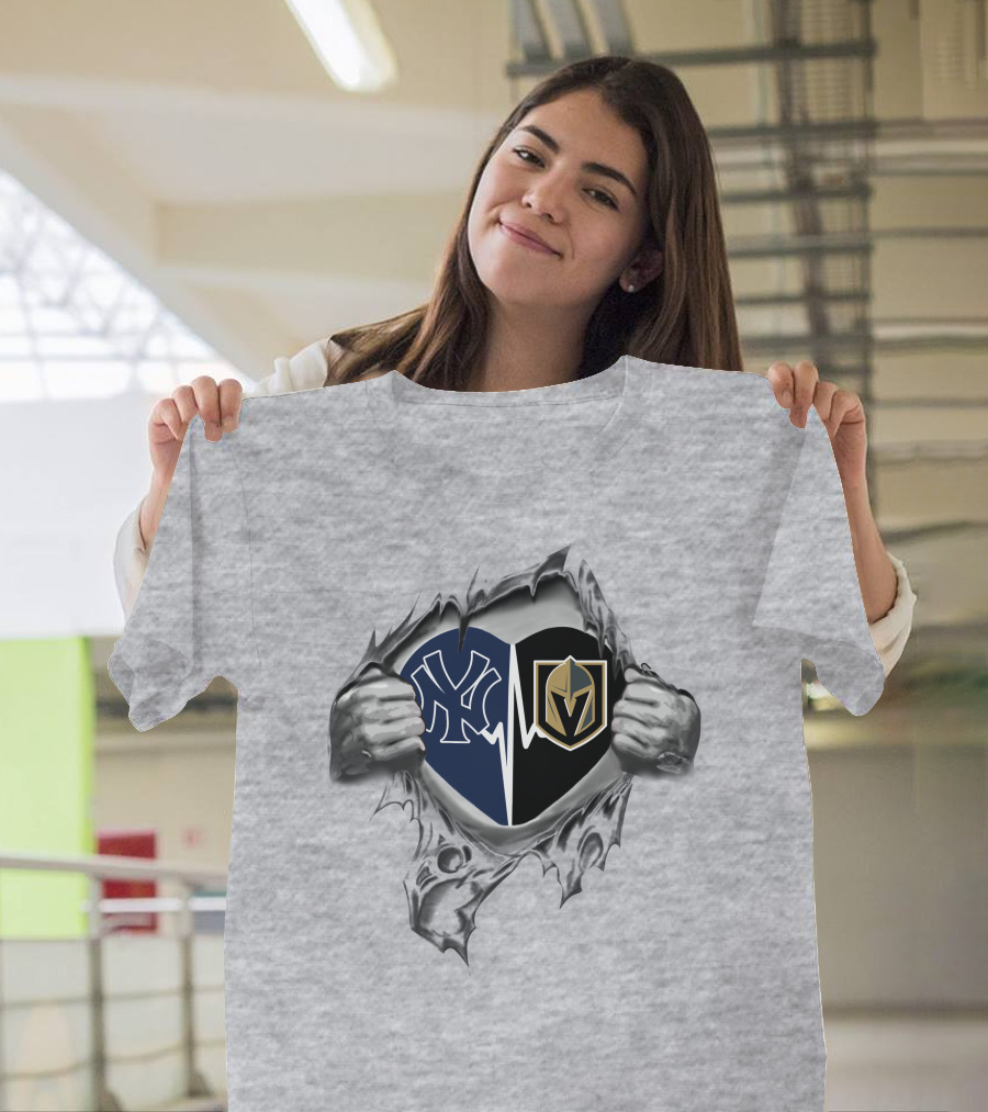 Yankees Vegas Golden Knights Heartbeat Rip Through T-Shirt