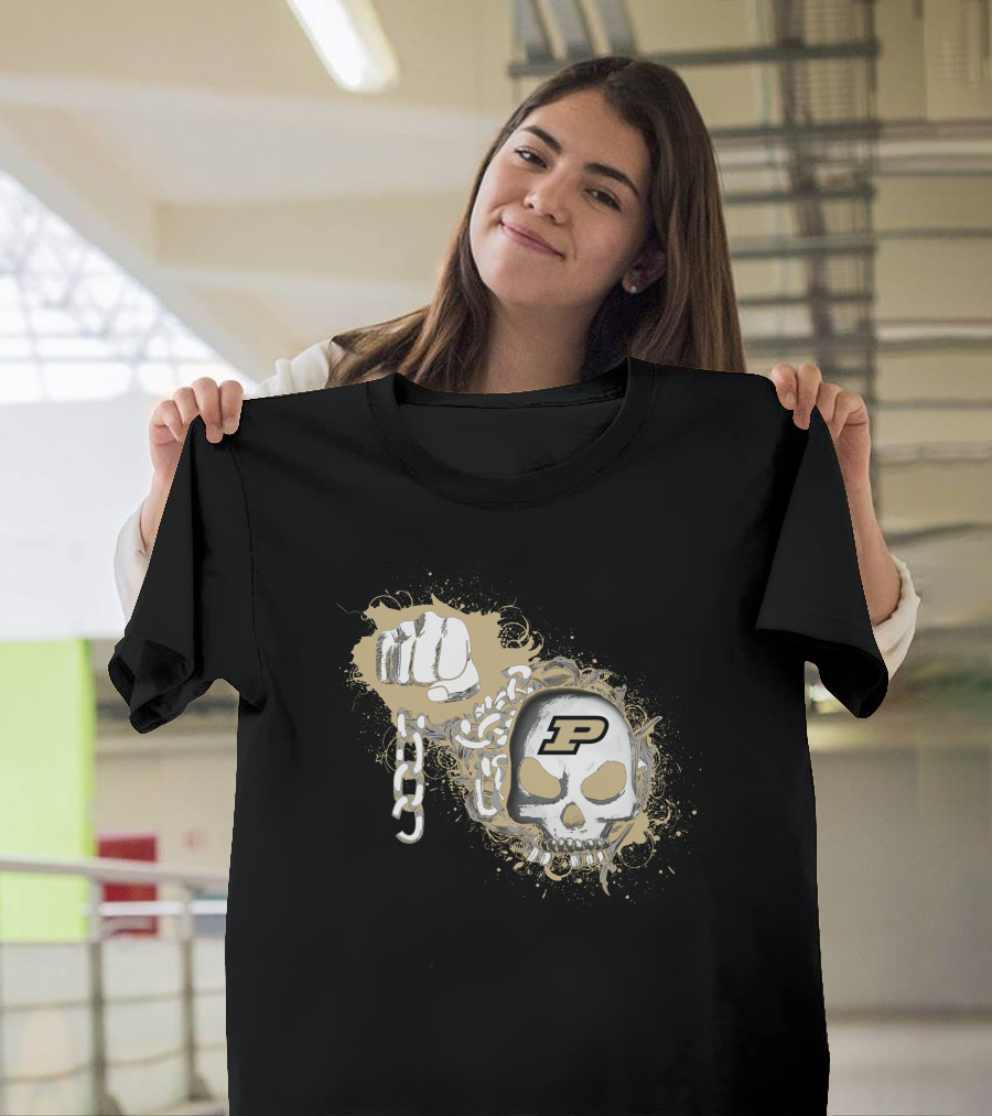 Purdue Boilermakers Skull And Fist With Chains Iconic P T-Shirt