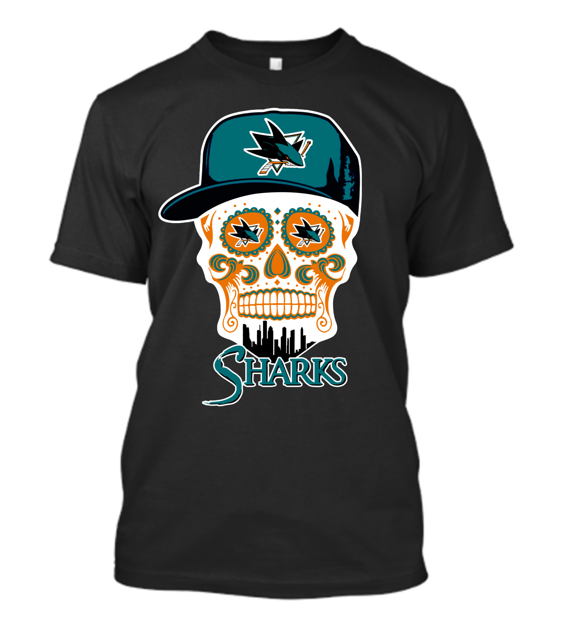 San Jose Sharks Sugar Skull Logo With Hat And City Skyline T-Shirt