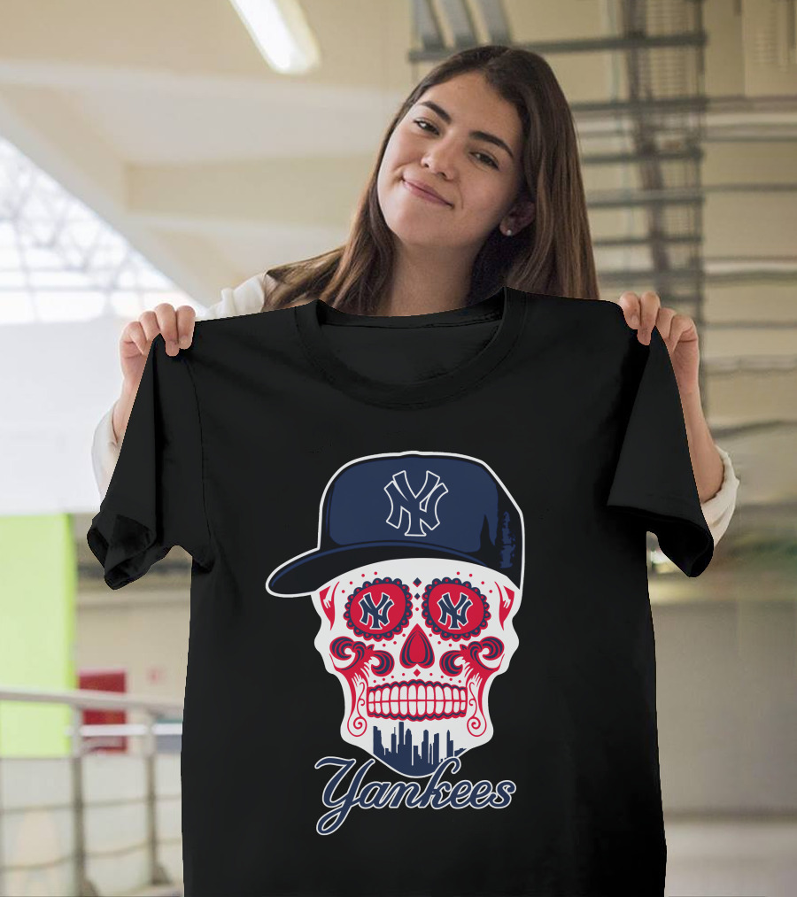 New York Yankees Skull Cap Design With Bold Logo And Cityscape Motif T-Shirt