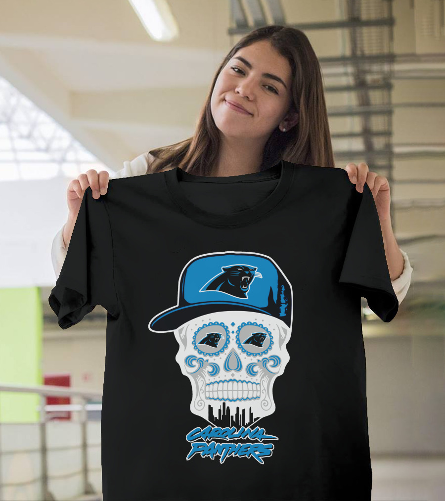 Carolina Panthers Skull With Hat And Skyline T-Shirt