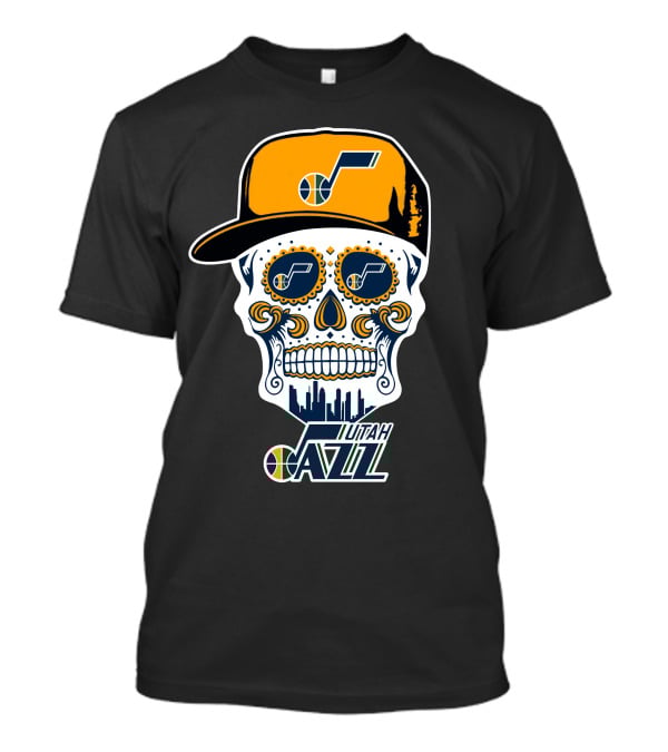 Utah Jazz Skull With City Skyline And Jazz Logo Cap T-Shirt