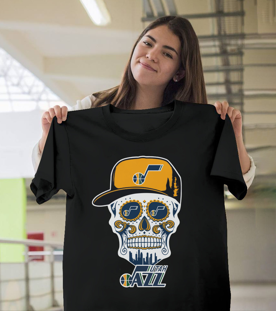 Utah Jazz Skull With City Skyline And Jazz Logo Cap T-Shirt
