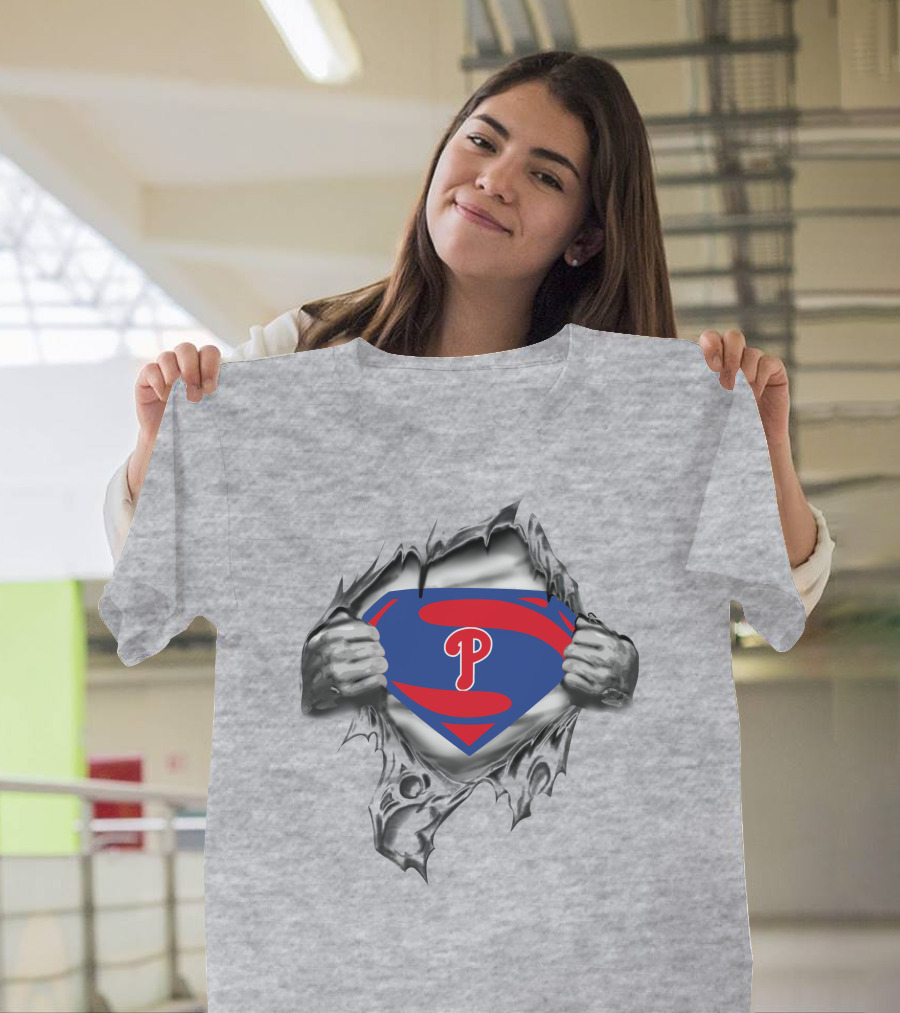 Phillies Superman Logo Tear Gray T-Shirt