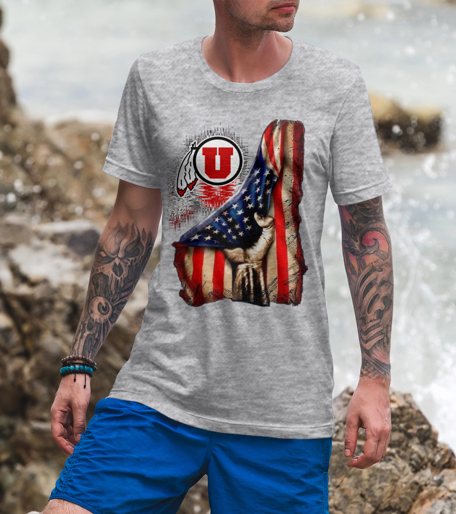 Utah Utes American Flag Background And Hand T-Shirt