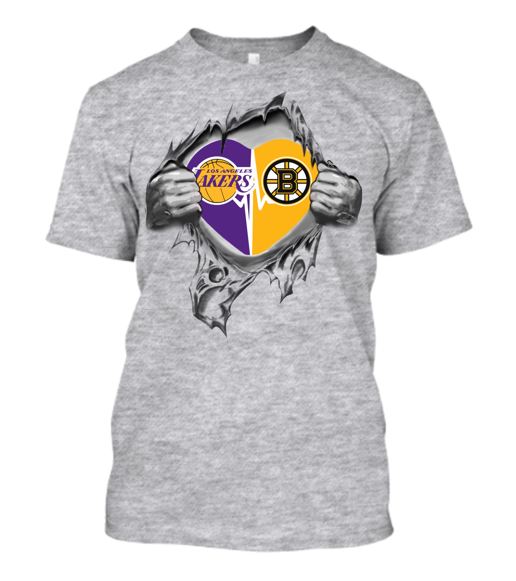 Lakers Boston Bruins Heart With Logos And Torn Ripping Effect T-Shirt