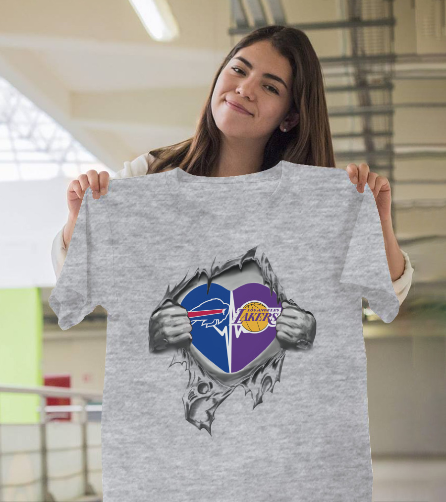 Lakers Buffalo Bills Heart Logo Torn Reveal T-Shirt