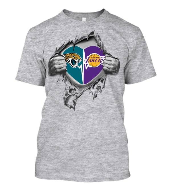 Lakers Jacksonville Jaguars Heart Logos With Hands And Torn Fabric T-Shirt