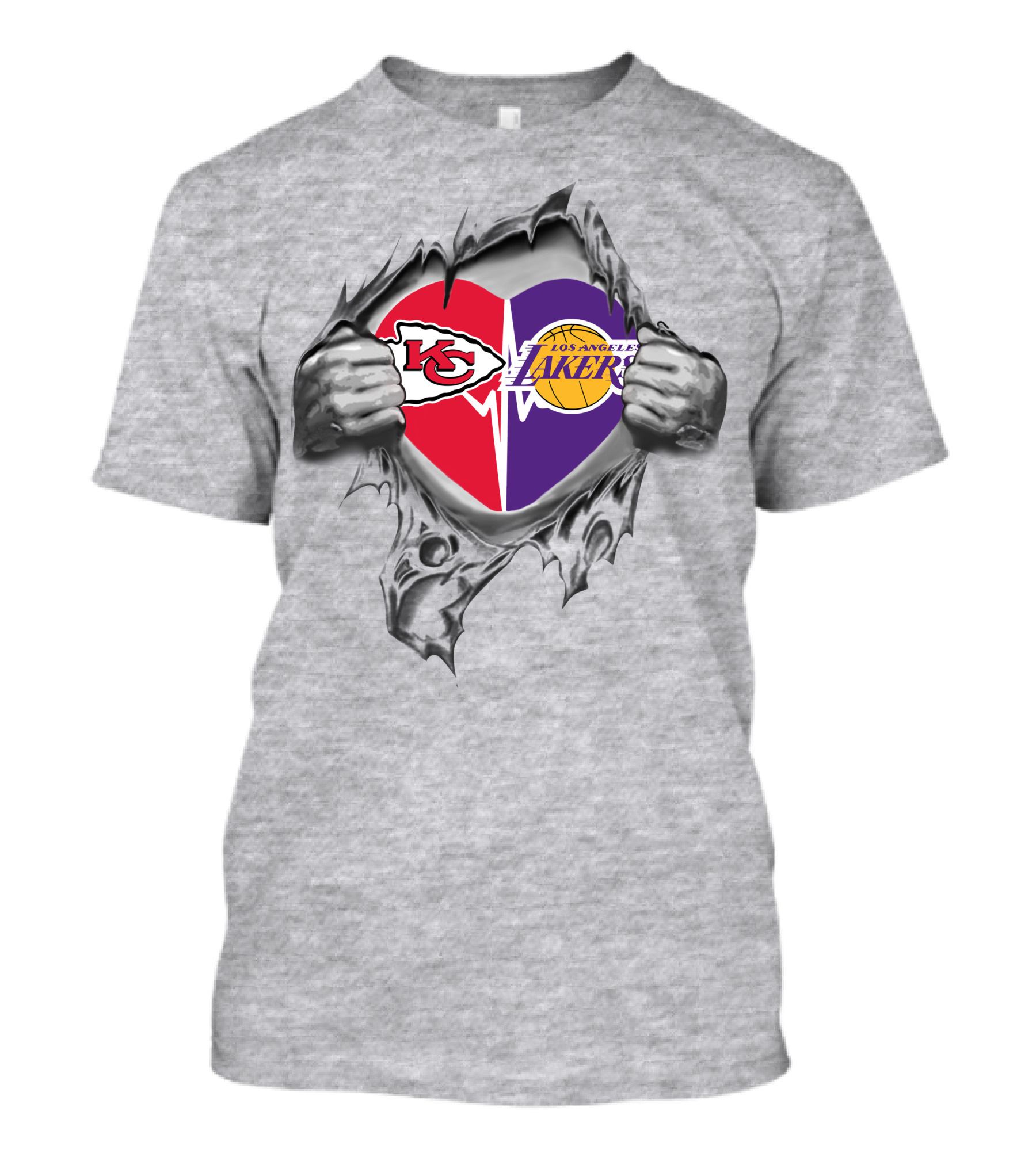 Kansas City Chiefs Los Angeles Lakers Heart Logo With Hands Ripping Through T-Shirt