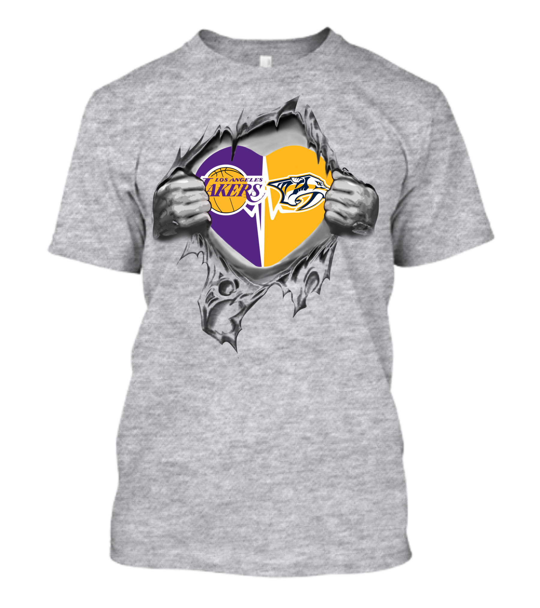 Los Angeles Lakers Nashville Predators Heart Torn Gray T-Shirt