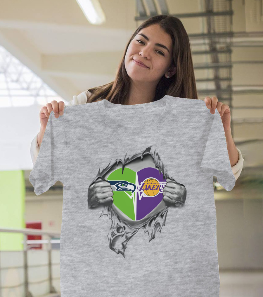 Lakers Seattle Seahawks Heart Design With Logos T-Shirt