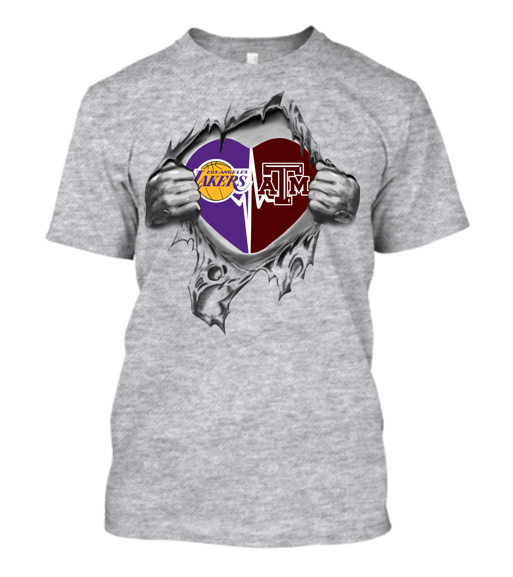 Los Angeles Lakers And Texas A&M Aggies Heart Inside Ripped Silver Hands T-Shirt