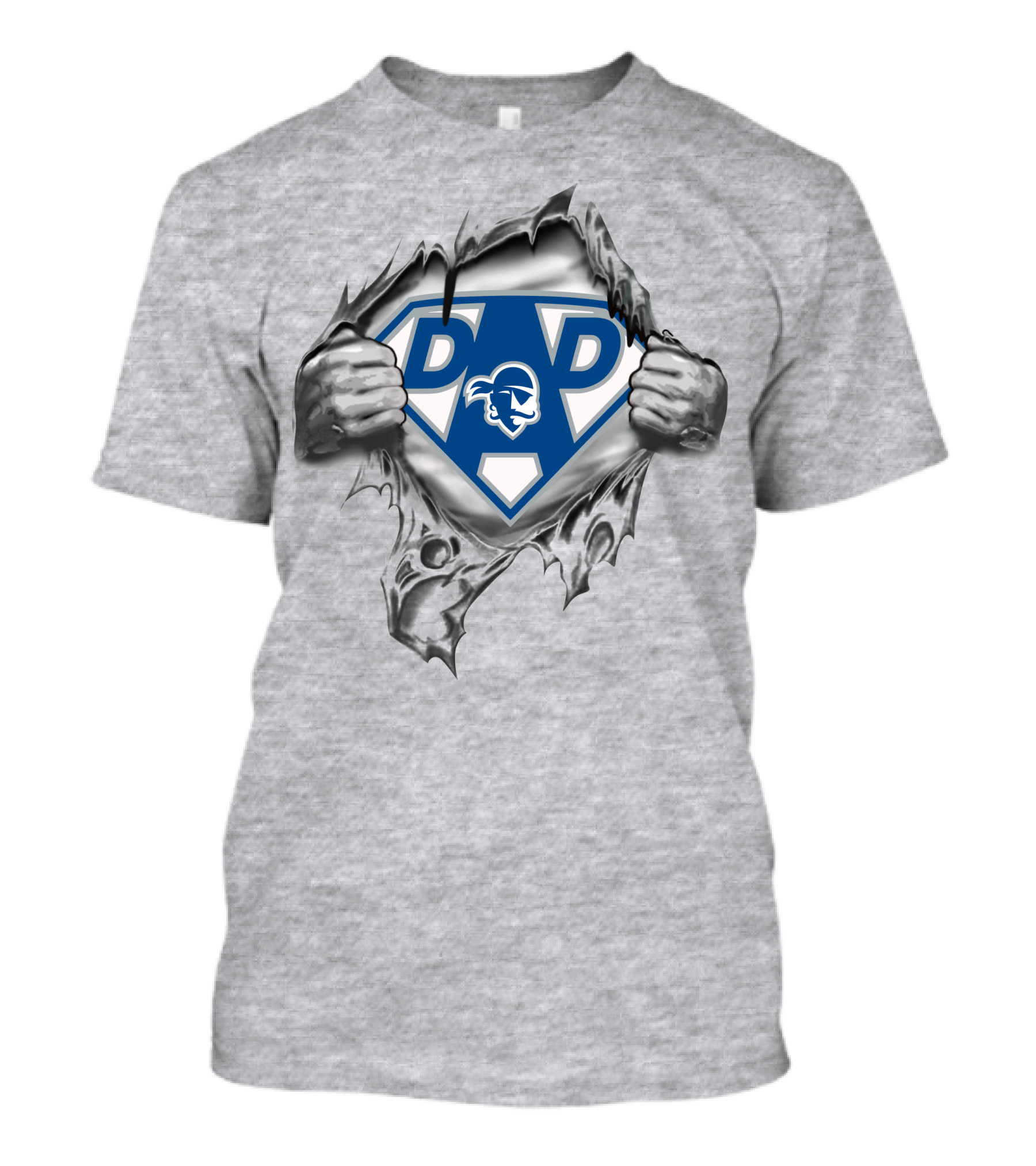 Seton Hall Pirates Super Dad Shield With Hands Ripping Through Grey Fabric T-Shirt