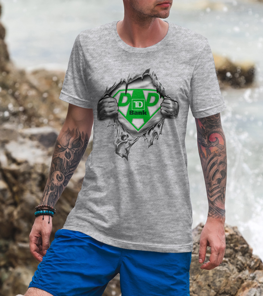 Td Bank Super Dad Logo With Heroic Shield And Ripped T-Shirt