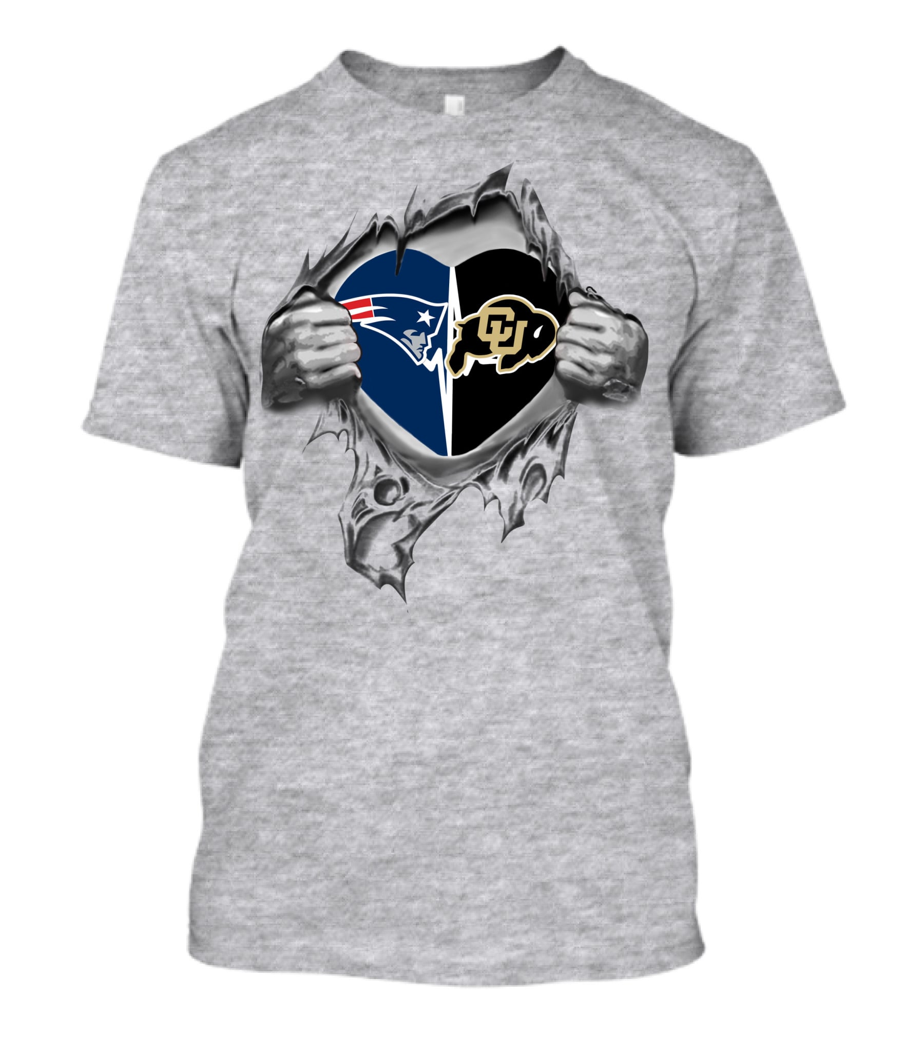 Patriots Colorado Buffaloes Heart Emblem With Tearing Hands T-Shirt