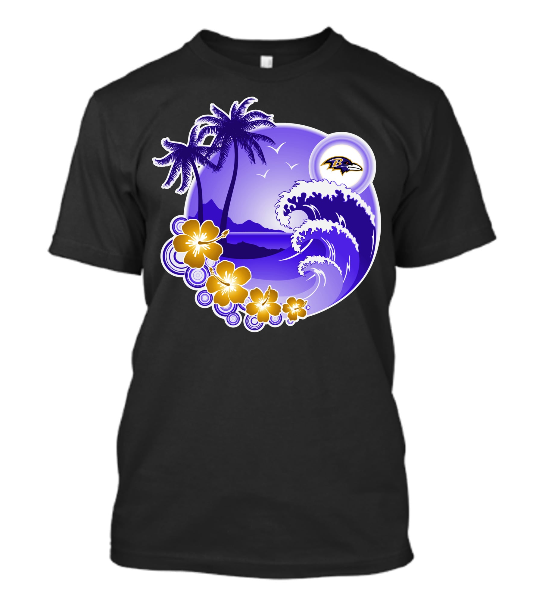 Baltimore Ravens Happy Holidays Tropical Paradise With Wave And Flowers T-Shirt