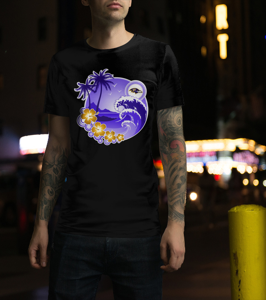 Baltimore Ravens Happy Holidays Tropical Paradise With Wave And Flowers T-Shirt