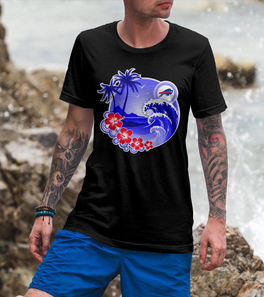 Buffalo Bills Happy Holidays Tropical Scene With Waves And Palms T-Shirt
