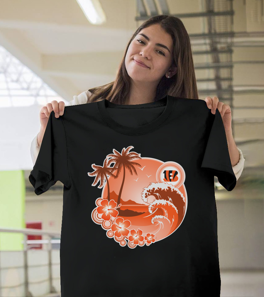 Cincinnati Bengals Holiday Hawaiian Beach Wave And Palm Flowers T-Shirt