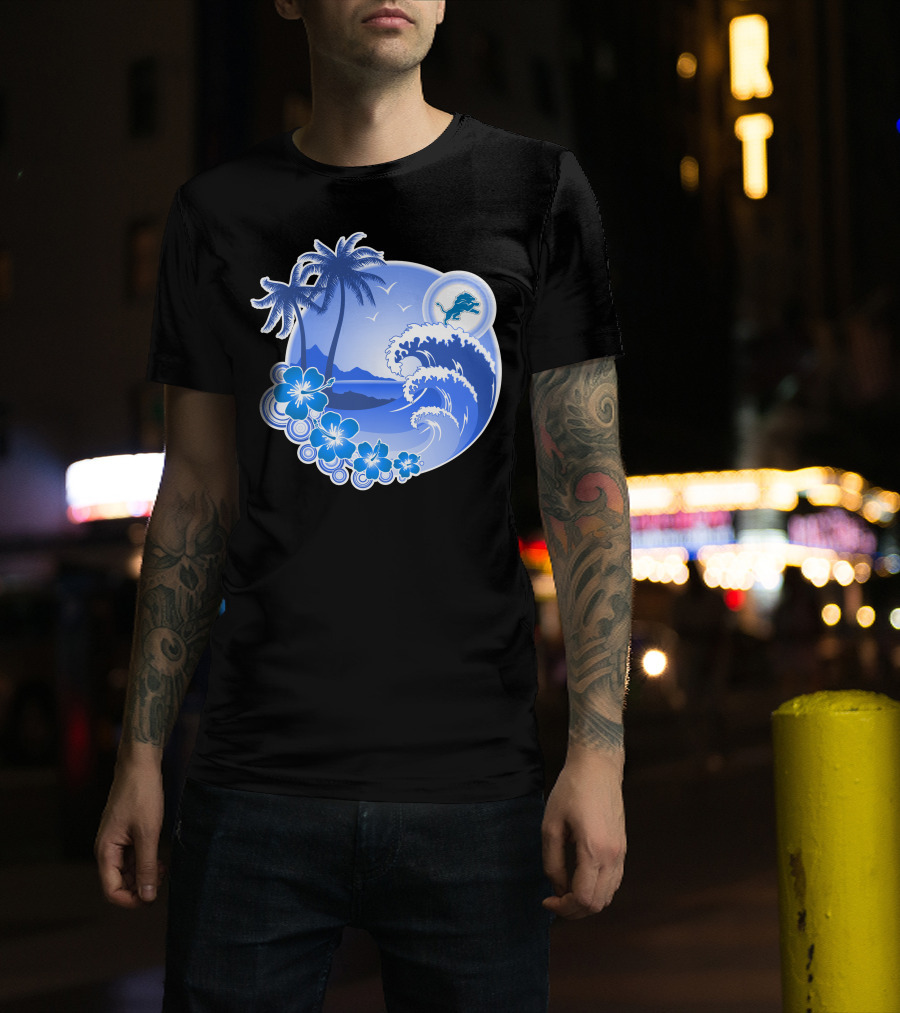 Detroit Lions Happy Holidays Tropical Wave And Palm Trees T-Shirt