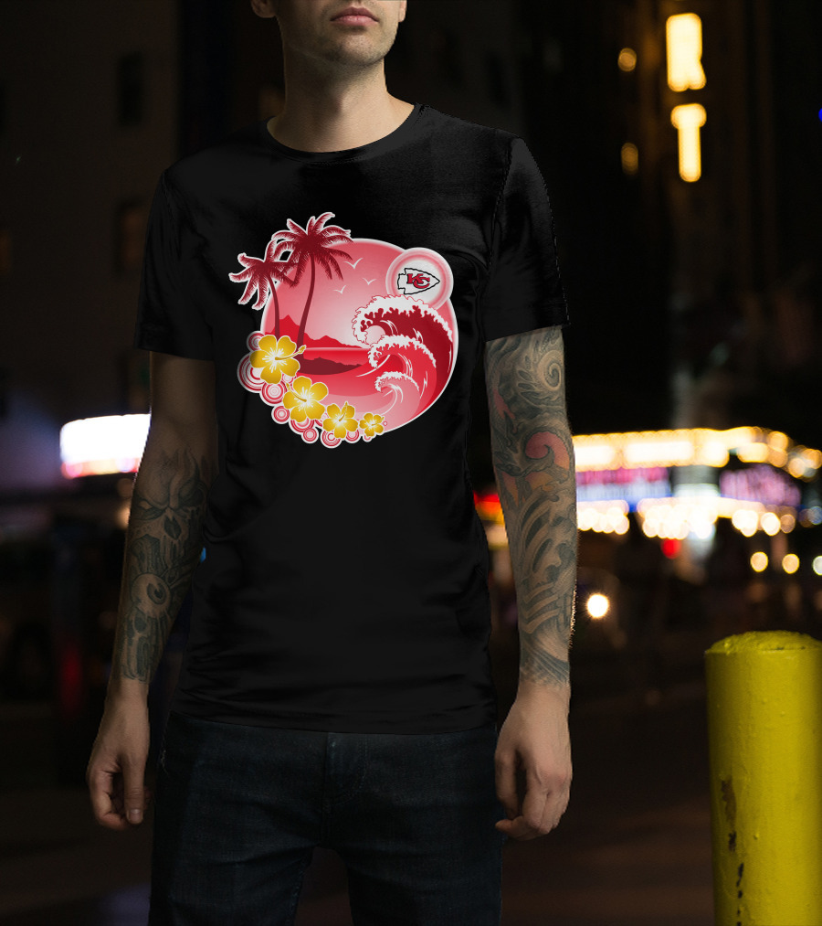 Kansas City Chiefs Happy Holidays Beach Wave Palm Trees Flowers Red T-Shirt